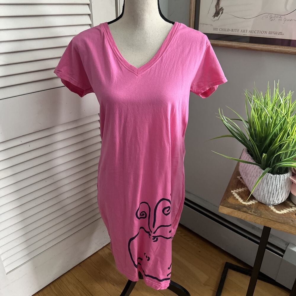 Marushka Dress Womens XL PInk Hand Printed Whale Artsy Preppy Coastal Beach